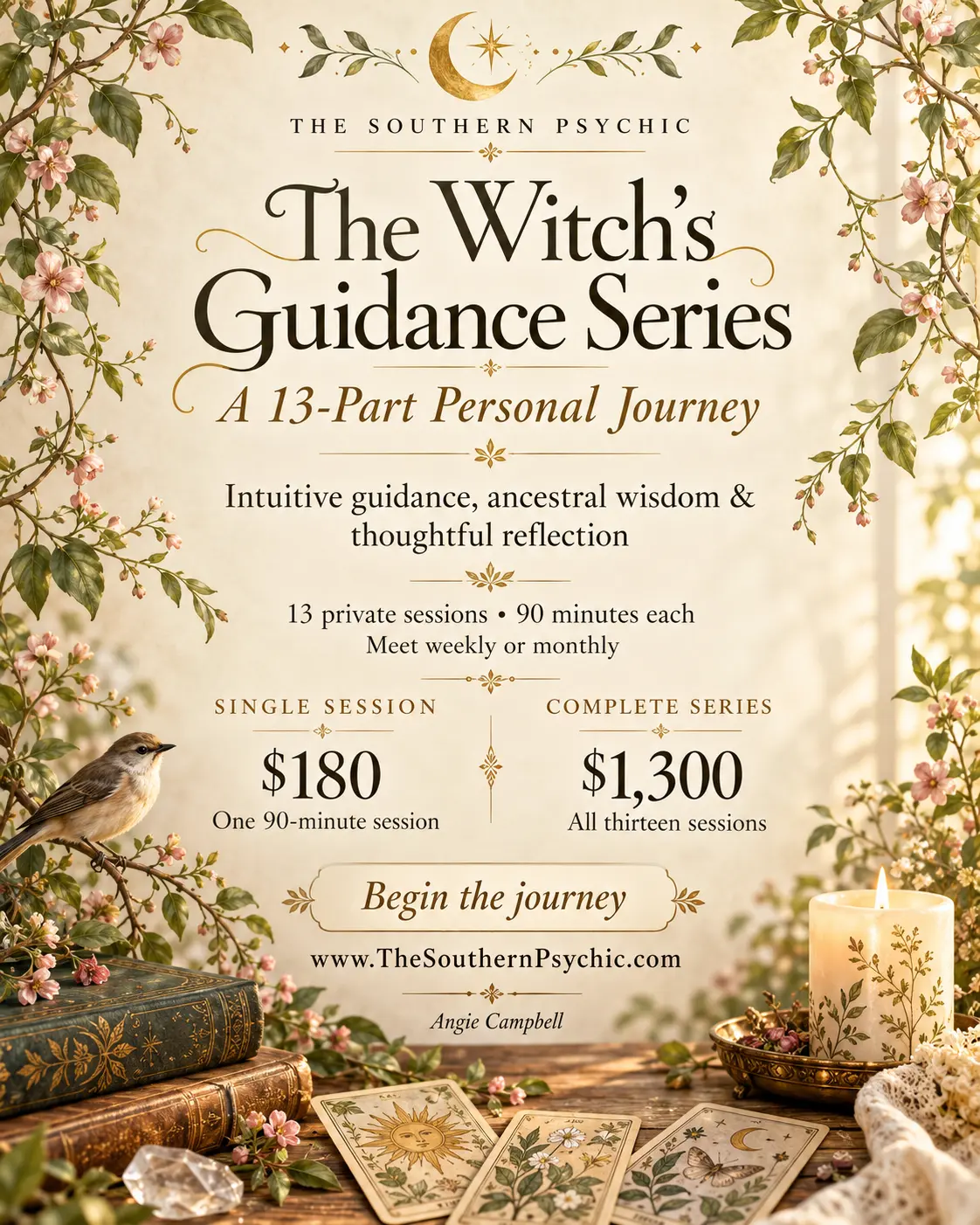 The Witch's Guidance Series — a 13-part personal journey flyer with pink blossoms, a songbird, antique books, tarot cards and a candle