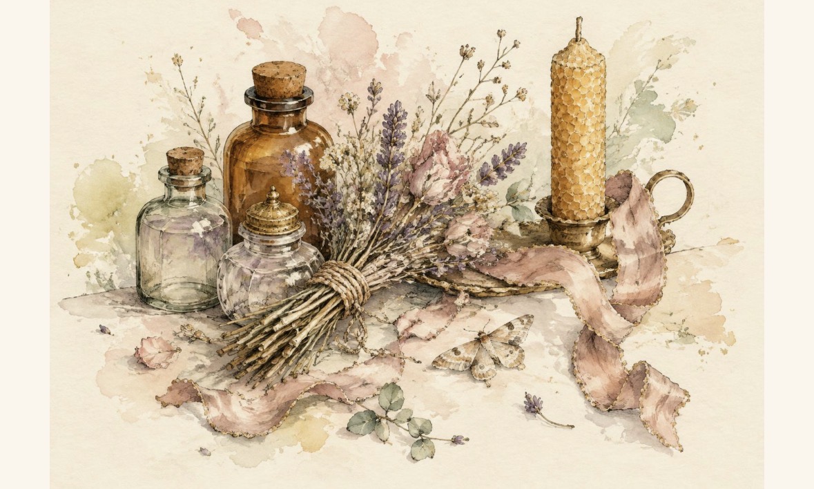 Watercolor still life of apothecary bottles, dried lavender and roses, a beeswax candle and a moth