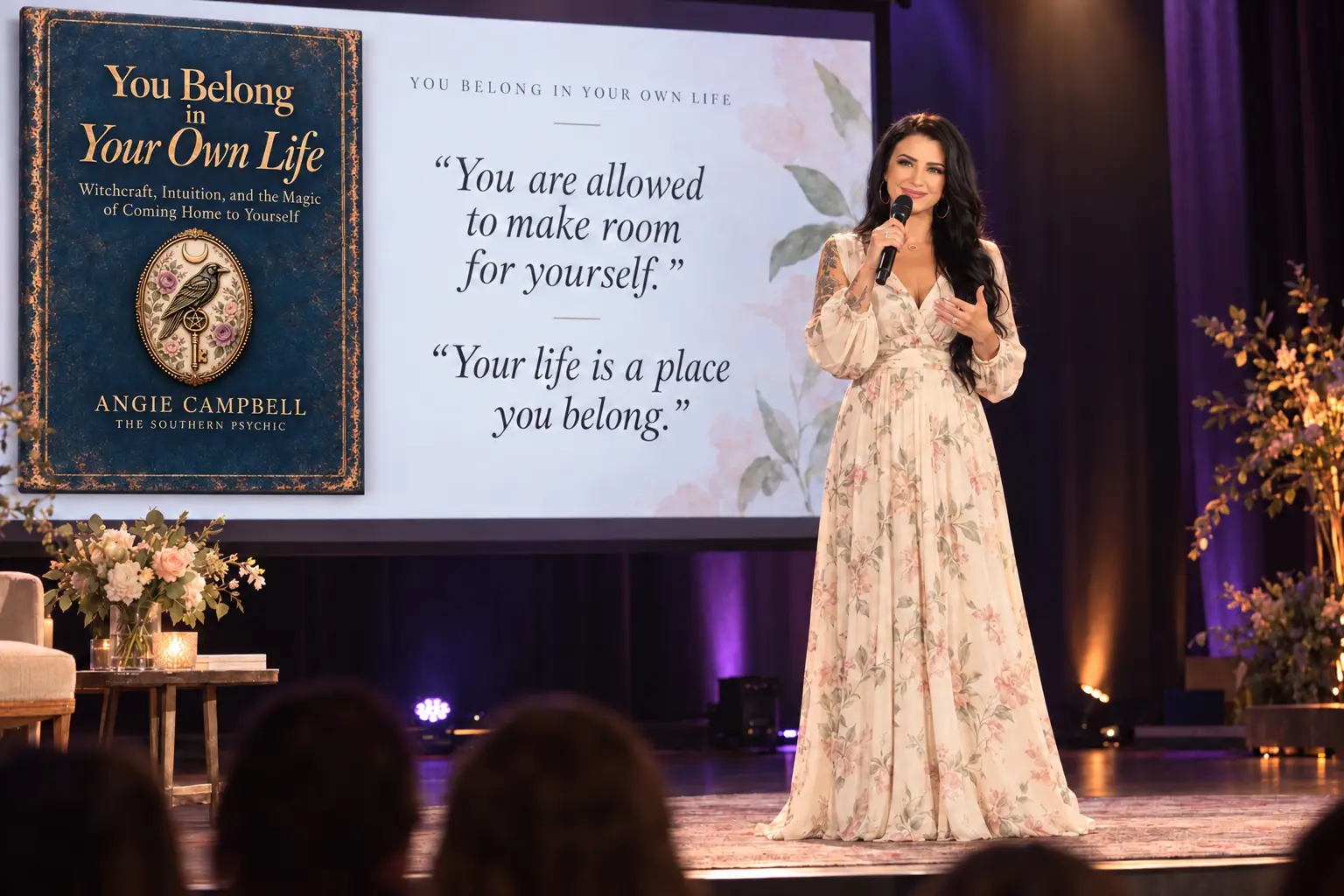 Angie Campbell speaking onstage about her book You Belong in Your Own Life