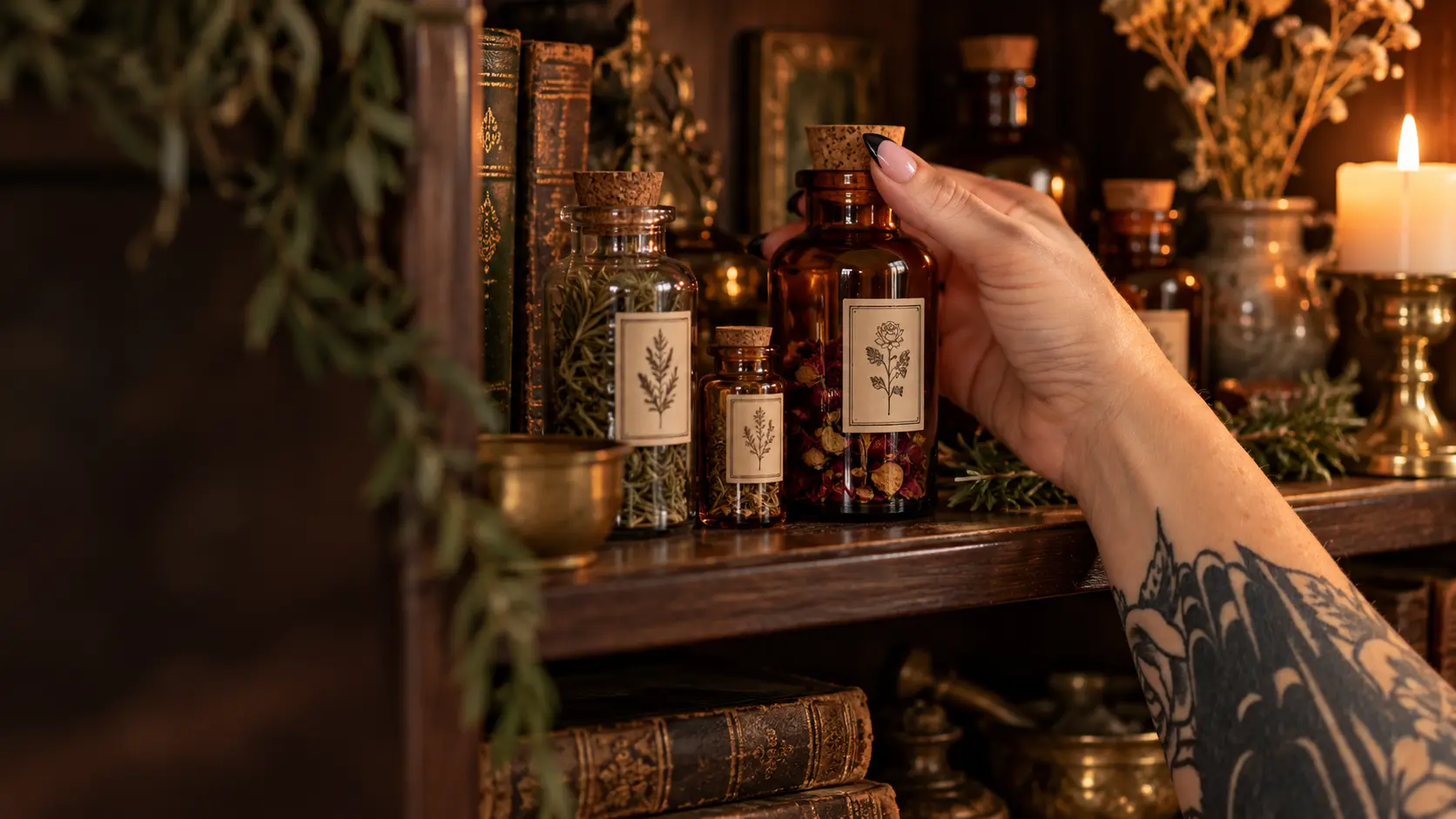 A hand reaching for an herbal apothecary bottle on a warm, candlelit shelf