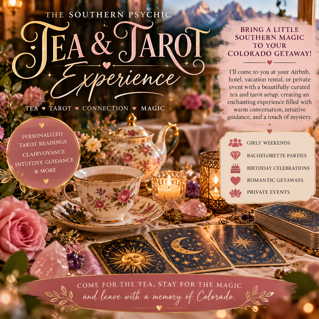 Tea & Tarot Experience — a floral teacup and teapot, three celestial tarot cards, pink roses, crystals and candles on a lace-covered table overlooking the Colorado mountains