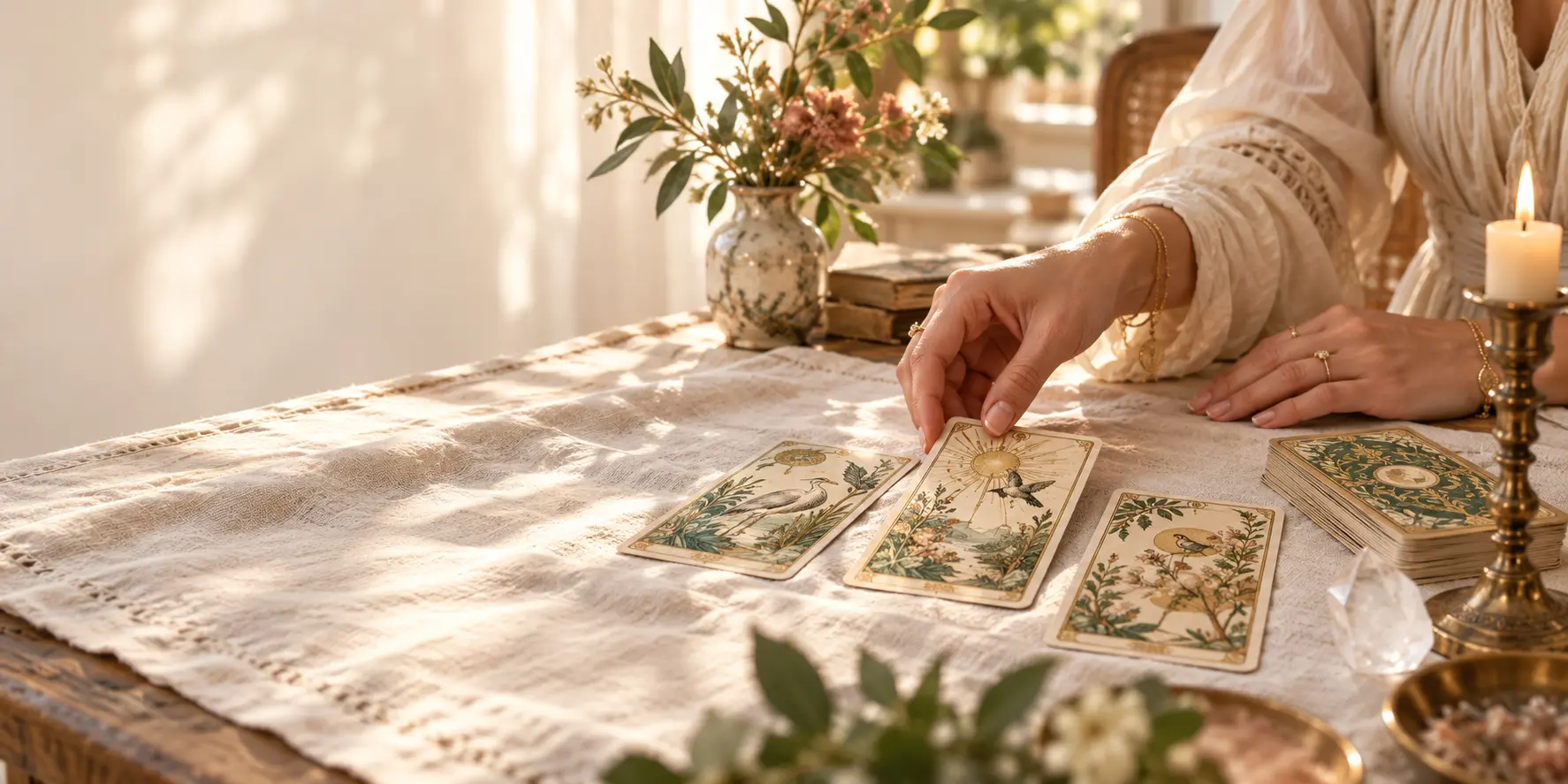 Angie's hands laying tarot cards on a lace-covered table by candlelight